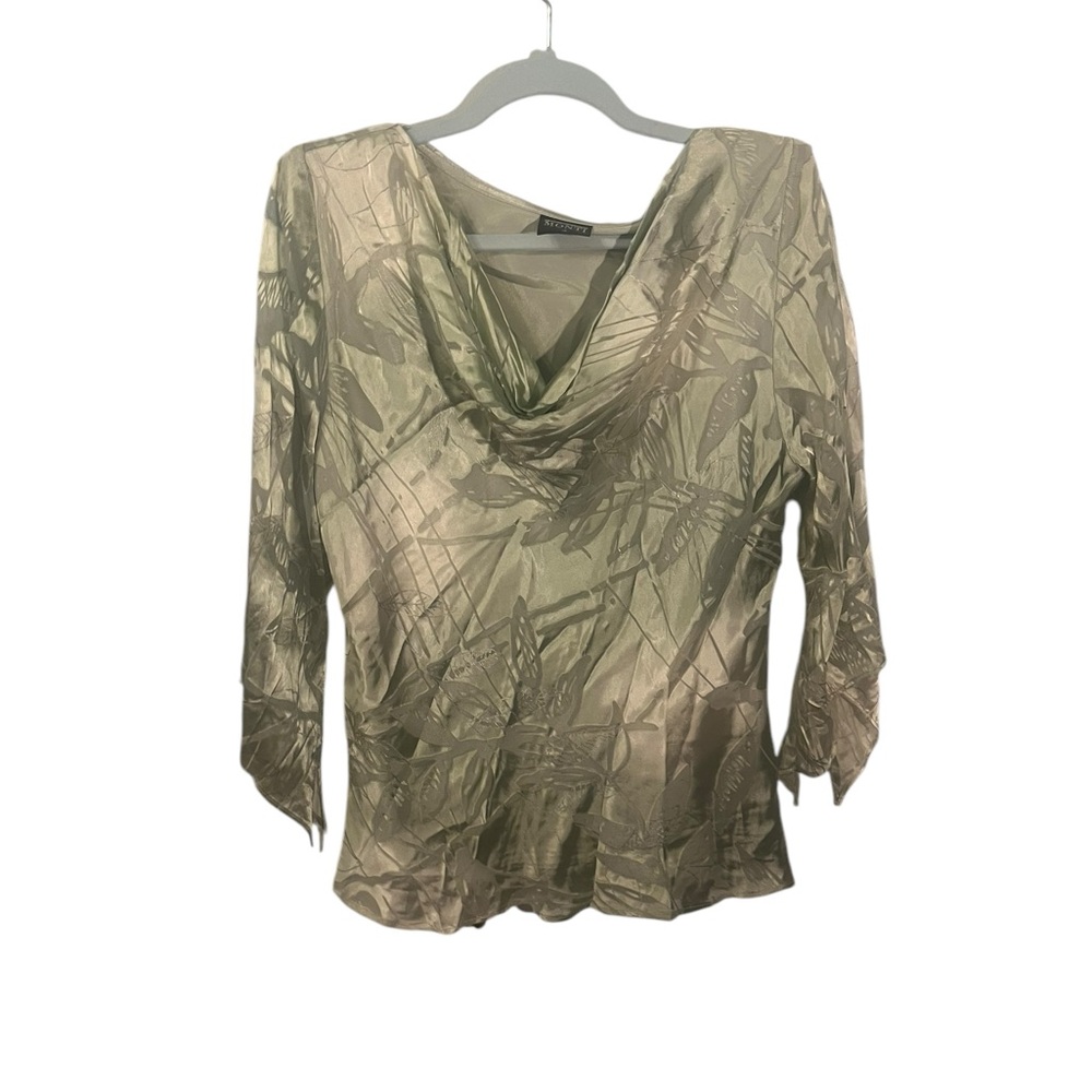rare monti quiet luxury silver mint leaf burnout print silk cowl neck top
